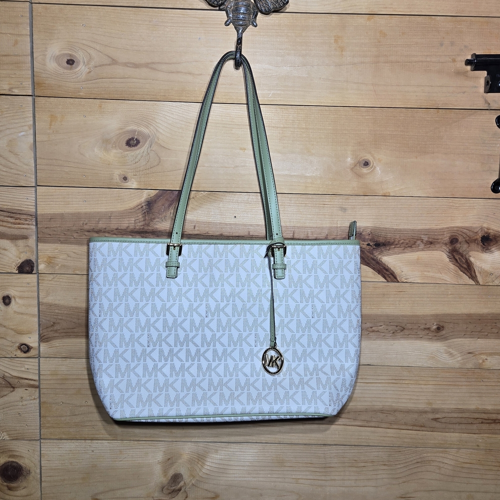 Michael Kors White and Green Signature Tote